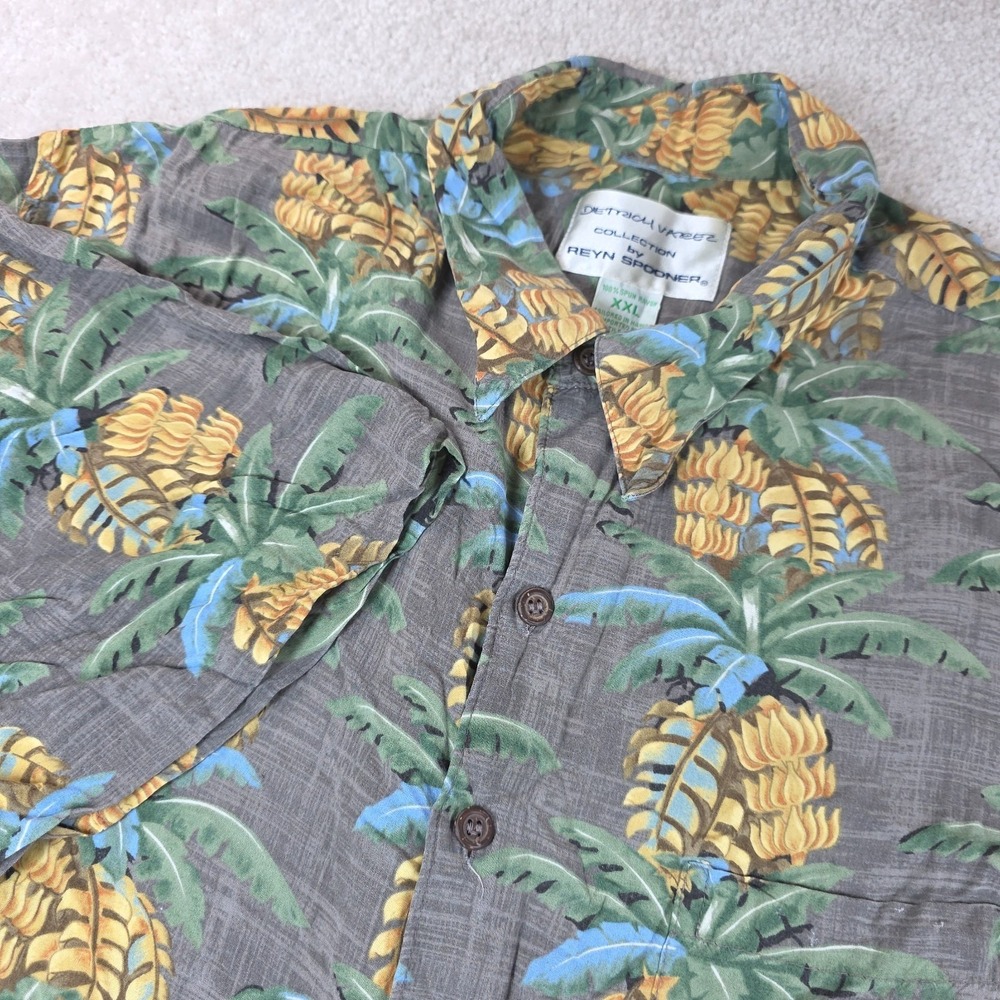 Reyn Spooner Shirt XXL Banana Tree Print Rayon Relaxed Fit Grey Hawaiian Vintage